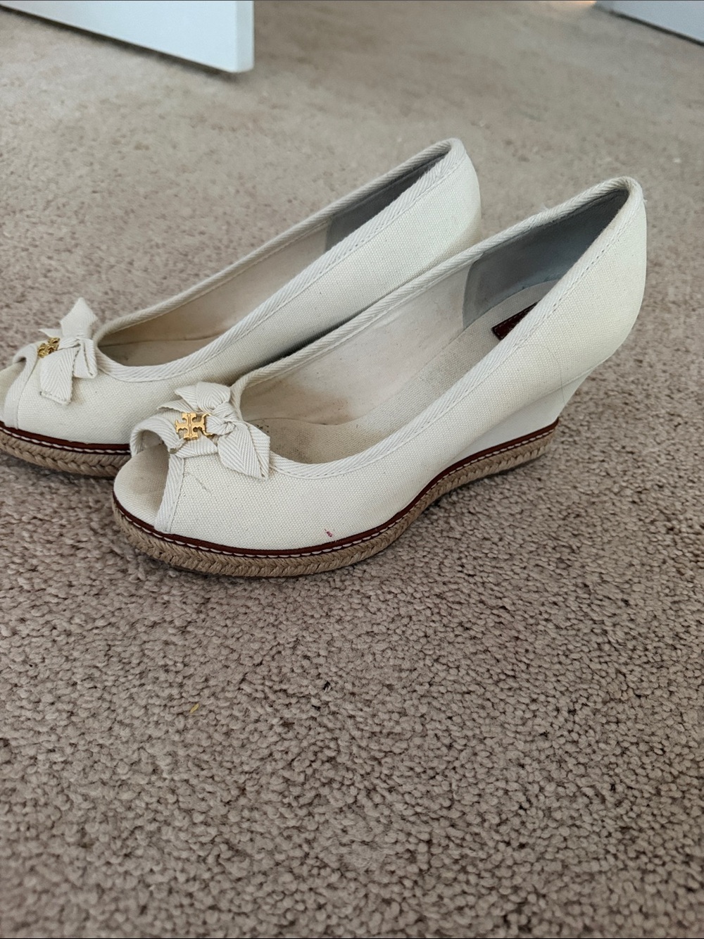 Tory Burch Cream Peep-Toe Wedge Pumps with Bow and Gold Logo